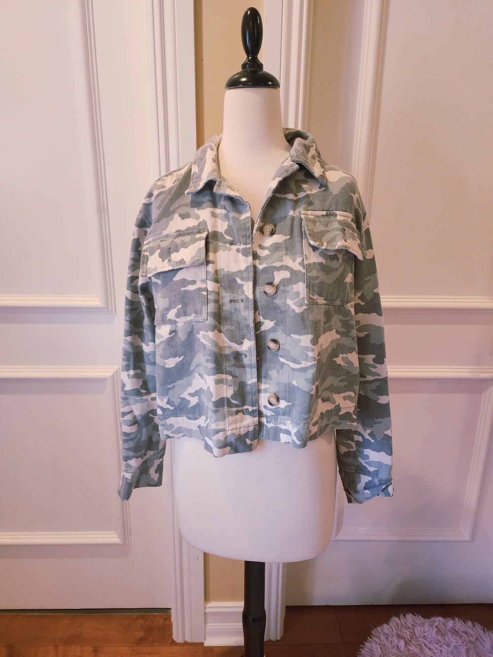 Aqua Sage and White Camo Cropped Utility Jacket